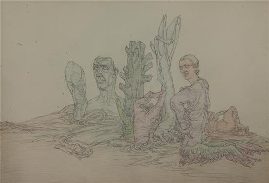 § Austin Osman Spare (1888-1956) Figural forms and trees in a landscape 8 x 13in. unframed